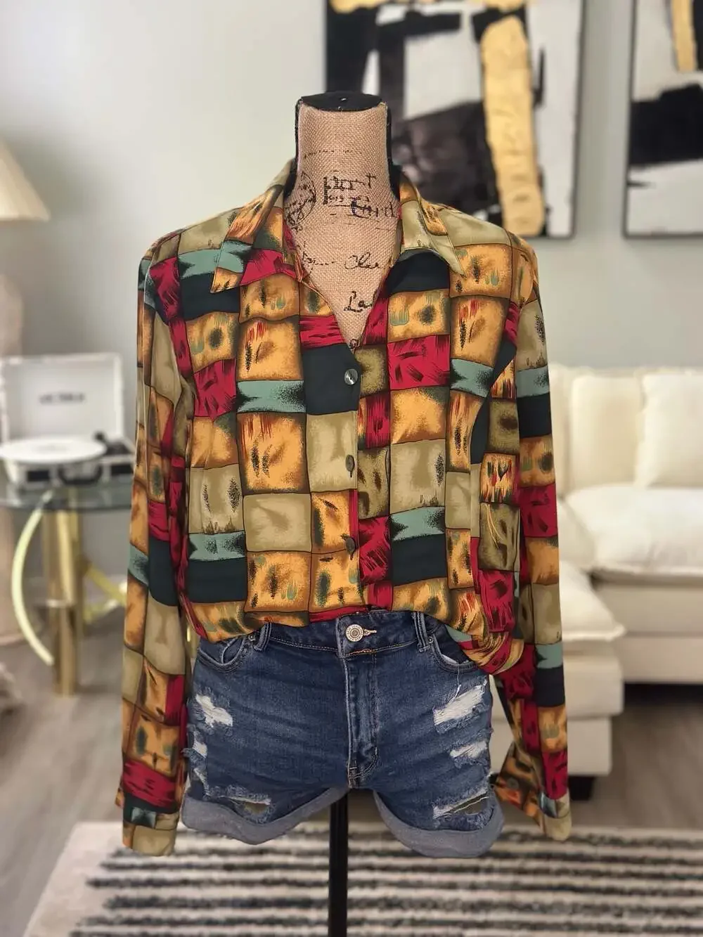 Vintage Cathy Che Abstract Geometric Block Art Print Button Up Size 14 - Picture 1 of 6